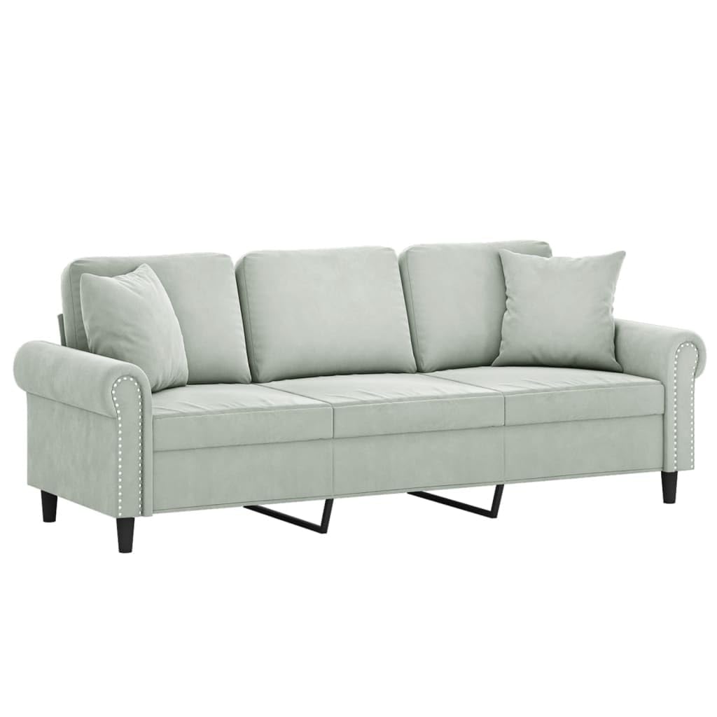 vidaXL Contemporary 3-Seater Sofa with Throw Pillows in Light Gray Velvet Fabric and Metal Frame – Living Room, Lounge, Office Seating